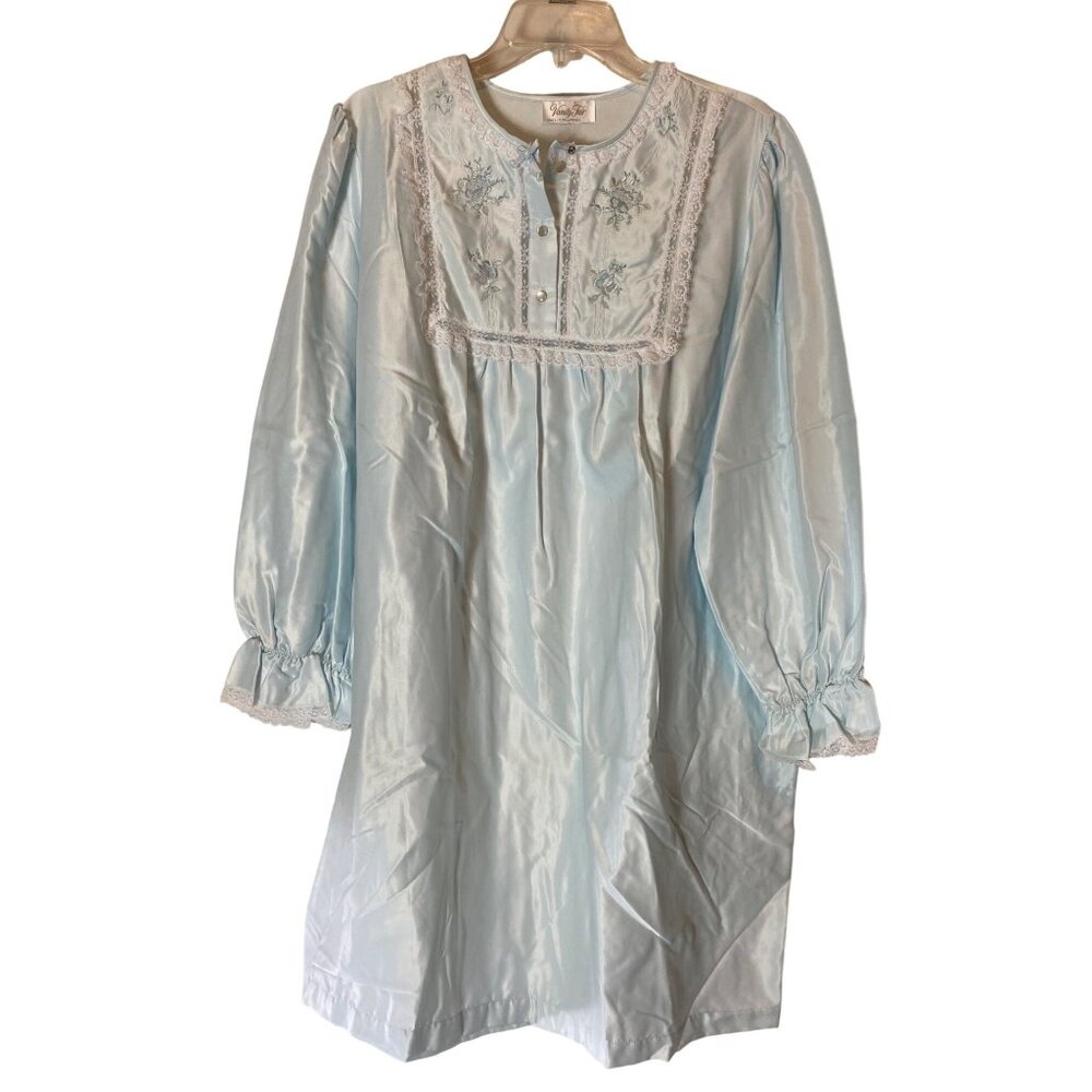 Vanity Fair Blue Long Sleeve Nightgown Lace Trim Floral Details Large